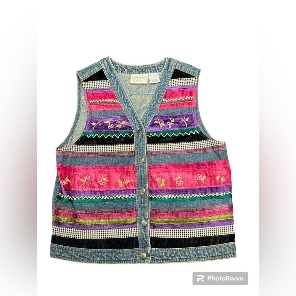 Susan Bristol Casuals Denim Vest Small Embroidered Velvet‎ Stripe Floral V-Neck